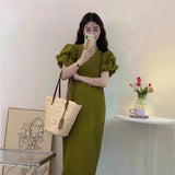 Large-Size Bubble Sleeves Niche Simple Solid Color Fat MM Thin Long Dress Loose Summer Sweet Round Collar Cover Dress