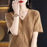 Pure Cotton Sweat 2026 Spring And Summer New Women's Hollow Open Shirt V Collar Display Short Temperament Top T-Shirt Knitted Shirt
