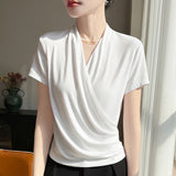 Fine Spinning Lyselle 2026 Spring And Summer Women's New Short-Style V-Neck Solid Color Cross-Temple Fashion Short-Sleeved T-Shirt