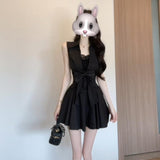 Royal Sister Hepburn Style Black Polo Shirt Sleeveless Dress Temperament Super Good-Looking Waist A Word Fluffy Short Skirt