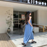 Blue Sleeveless Vest Dress Women's Summer French Lazy Holiday Style With Pocket Skirt Loose A-Word Dress