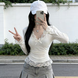 Sweet Hottie Pure Lust Lace Side Long-Sleeved T-Shirt Girl In Early Spring To Play With A T-Shirt Slimming On The Bottom Of The Shirt