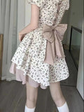 [Original Quality] New Korean Version Of The Fashion Waist Thin Short Sleeves With Bow Ponpong Dress Women Short