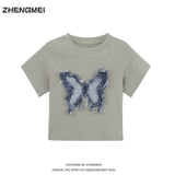 Repair Short T-Shirt For Girls Summer New Butterfly Blouse Can Be Umbilly Exposed Umbilly Heavy Shoulder Short Sleeves