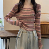 Crash Striped Long-Sleeved Knitted Shirt Women Autumn Design Sense Of Small Slim Slimming Short Chic On The Dress