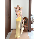 Holiday Style Suit Women's Summer Dopamine Beauty Temperament Yellow Print Blouse Mesh Yarn Bag Hip Skirt