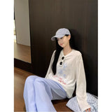 Lazy Wind Leisure Long-Sleeved Round-Neck Print T-Shirts For Summer Loose Thin Sunscreen Shirt White Thin Top