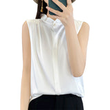 Silk Satin 2026 Spring And Summer Women's New Satin Wood Ear Collar Dark Buckle Sleeveless Shirt Solid Color Shirt