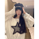 Lazy Wind Black Hoodie Design Feels Shoulder Long-Sleeved T-Shirt Women's Spring Small Loose Drawstring Strapping