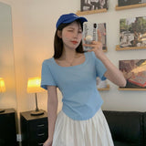 Positive Shoulder Short-Sleeved T-Shirt Women Simple Design Sense Of Summer Pure Wind Irregular Square Collar Showing Thin Sweet Short Blouse
