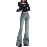 Vintage Design With Hair-Side Micro-Horn Jeans Women Autumn And Winter Low-Rise Hottie Splicing Elastic Trousers