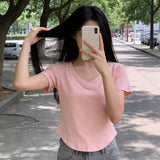 Short-Sleeved T-Shirt Girls Summer 2026 New Pure-Want Hot Babes In The U-Shaped Pendant V-Neck Girl Short Niche Top
