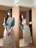 Korean Gentle Wind Two Sets Of Mint Green Hollow Open Shirt + Lace Splicing Cake Skirt Female Fashion Suit