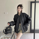 Vintage Coffee Leather Jacket Women Autumn Black Cool Fan Car PU Loose Long-Sleeved Jacket