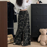 Vintage Camouflage Draw Straight Mid-Dress Women Autumn 2025 New Fashion Thin Hanging Hole Long Skirt
