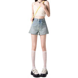 Wash Blue A Word Denim Shorts Women Summer New Pocket Splicing Design Feel Small Loose Hot Pants