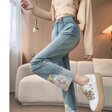 New Chinese Style Embroidered Straight Jeans Women Spring And Autumn New High-Waisted Low Bullet Strength Thin Smoke Pipe Pants