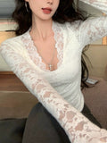 Pure Lust Wind V Long Sleeves Plus Velvet Lace Jersey Women Autumn And Winter New Repair With Bottom Shirt Short T-Shirt Blouse Tide