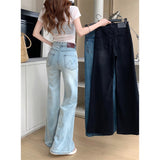 Hottie Light Blue Jeans Women Autumn High-Rise Water Wash Micro-Tamps Drag Trousers Black Gray Broad Leg Trousers