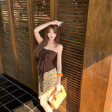 Thai Hottie Island Resort Style Wearing Brown Sexy Bra Strapped Dress Retro Wave Half Skirt Set