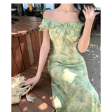 Seaside Holiday Green Flowers Small Flying Sleeve Dress Gentle Temperament Is Beautiful Waist A Word Beach Dress