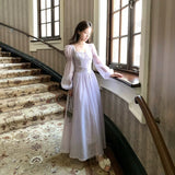 2026 Square Collar Long-Sleeved Purple Long Dress Women's Summer French Retro Gold Style Waist Skirt