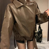 Vintage Brown Pu Leather Coat In Autumn 2025 Loose Zipper Collar Locomotive Jacket Jacket Top Woman