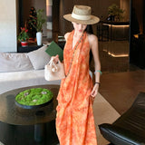 High-Level Printing Hanging Neck Thin Dress Niche High-End Design Lazy Woman Summer Holiday Dress Beach Dress