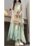 French Tea Break Small V-Neck Green Dress Woman 2025 Summer New Warm Gentle Wind Princess Dress