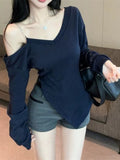 Irregular Opening Fork Inclined Shoulder Long-Sleeved T-Shirt Girl Spring Pure Desire A Word Shoulder-To-Shoulder Shirt Inside The Shoulder Jacket