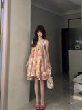 Pink Broken Flowers Hanging Neck Dress Women's Early Summer 2026 New Look Seaside Holiday Show Back Skirt