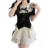 Summer Dress New Large-Size Fat Mm Female Pure Lust Lace Spliced Short-Sleeved Top Cut-Down Cake Skirt College Style Two Sets