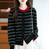 100% Pure Wool 2026 Autumn And Winter New Women's Loose Round-Collar Striped Buckle Knitted Open Shirt Coat