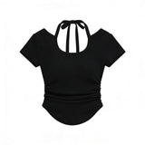 Spice Girls Irregularly Hanging Neck Short-Sleeved T-Shirt Girl Summer Slimming Short Folding Top