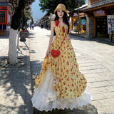Seaside Holiday Travel To Take Pictures Irregular Open Fork Temperament To Close The Waist Bare Back Yellow Sling Dress Women Summer