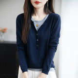 Wool Blending 2026 Autumn And Winter New Women Loose Round Collar And Fake Two-Piece Coat On The Bottom Of The Knitting Shirt
