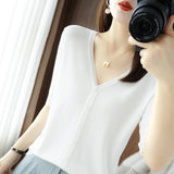 Ice Silk Breathable 2026 Spring And Summer New Women V Neck Thin Top Five-Sleeve Sleeve Sleeves Pure Color Temperament Knitted Shirt