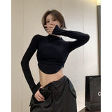 Early Autumn Hottie Wind Folded Shoulder Long-Sleeved T-Shirt Design Black Thin Half-High Collar Short Umbilical Top