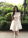 Korean Design-Sensitive White Wave Dot Dress Summer New Fresh Fold Design Slimming Skirt