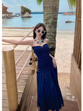 Blue Lattice Tset Dress Women's Summer Vacation Sexy Open Fork Dress Beautiful Dress Seaside Skirt