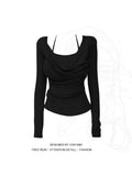 Black Hanging Neck Fake Two Folding Long-Sleeved T-Shirt Girl Spring New Hot Girl Pure Style Repair Bottom Shirt Top