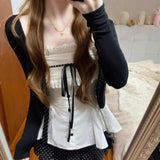 Sweet Sister College Style Black Long-Sleeved Knitted Shirt Coat + Bow Sling Suit + Wave Point Skirt Three-Piece Set