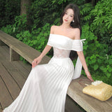 French Seaside Holiday Dress Summer Senior Name-To-Shoulder Lace Splicing Breast Dress Dress Dress Dress Woman