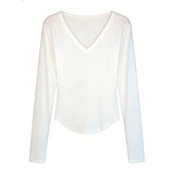 V-Necked Bottom-Up Women 2026 Autumn New Pure Tea Art White Irregular Long-Sleeved T-Shirt Short Shirt