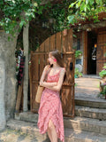 French Irregular Design Floral Sling Dress Women's Seaside Holiday Wind Showing Thin Open Fork A-Word Dress