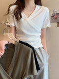 V-Neck Shoulder Short-Sleeved T-Shirt Girl 2025 Summer Small Korean Version Of The Thin-Skinny Design Top