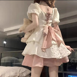 [Original Quality] New Korean Version Of The Fashion Waist Thin Short Sleeves With Bow Ponpong Dress Women Short
