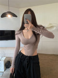 Kiche V-Necked Women In Spring And Autumn Pure Lust Hot Girls Sexy Open Waist Long-Sleeved T-Shirt