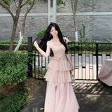 French Pink Layered Princess Cake Dress Temperament Folding Dress Beautiful Niche Design Dress