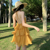 Holiday Wind Hanging Neck Dress Yellow White Multi-Layer Lotus Leaf Bright Silk Dress Beautiful Beach Dress